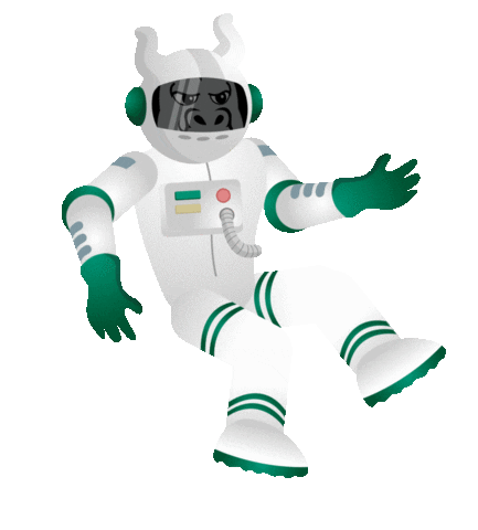 Rocky D. Bull Dressed Up as an Astronaut Floating on the Screen